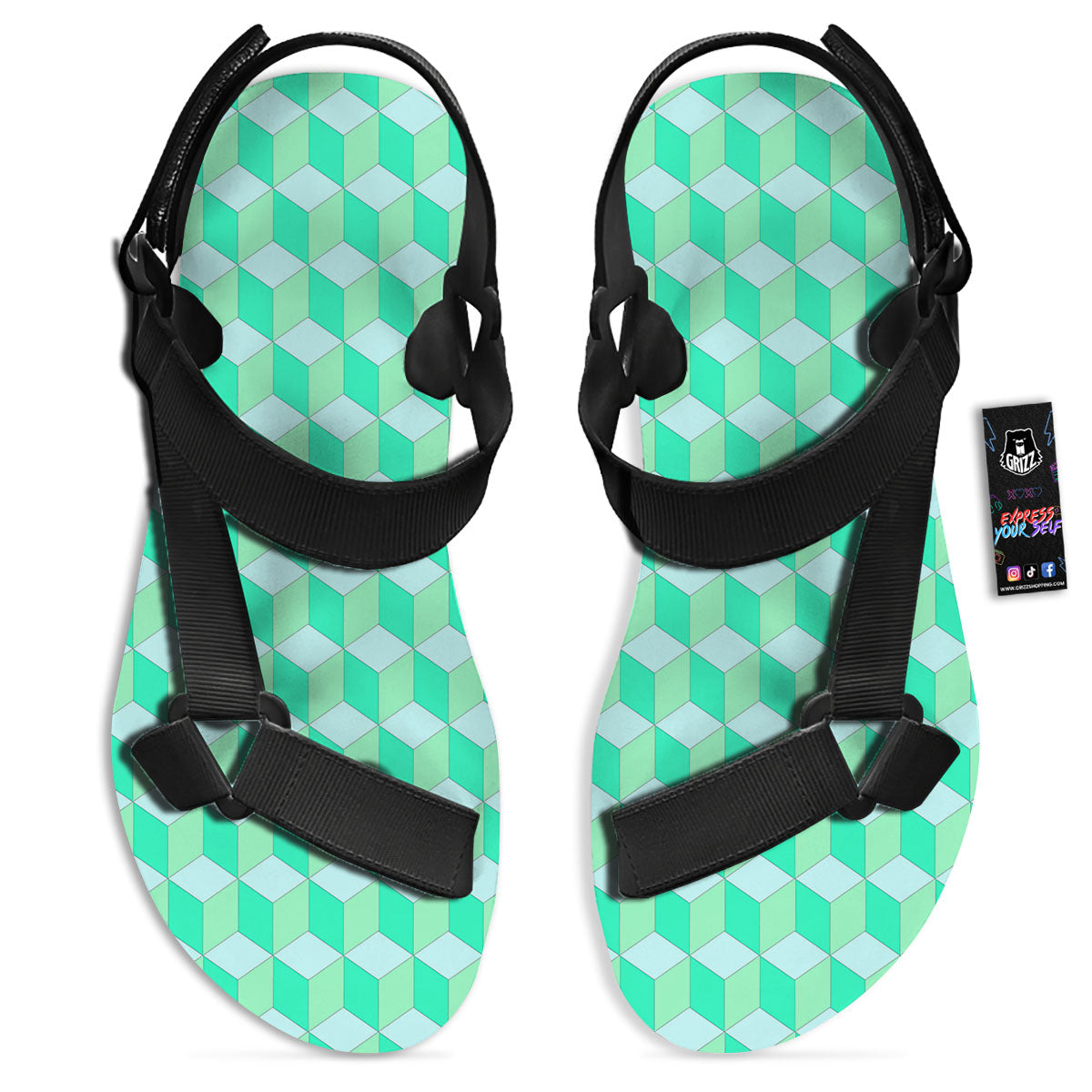 Cube Shape Green Geometric Print Pattern Black Open Toe Sandals-grizzshop