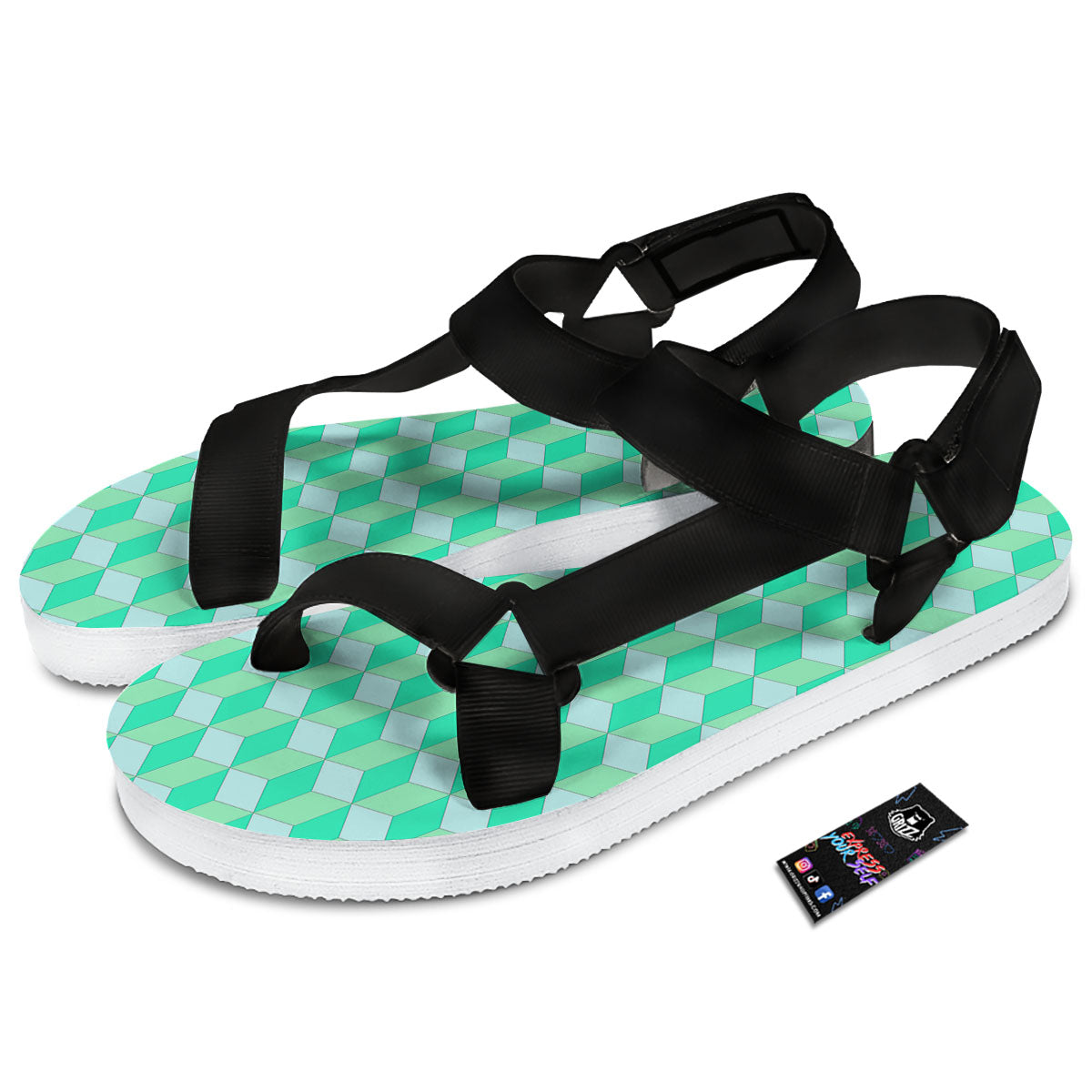 Cube Shape Green Geometric Print Pattern Black Open Toe Sandals-grizzshop