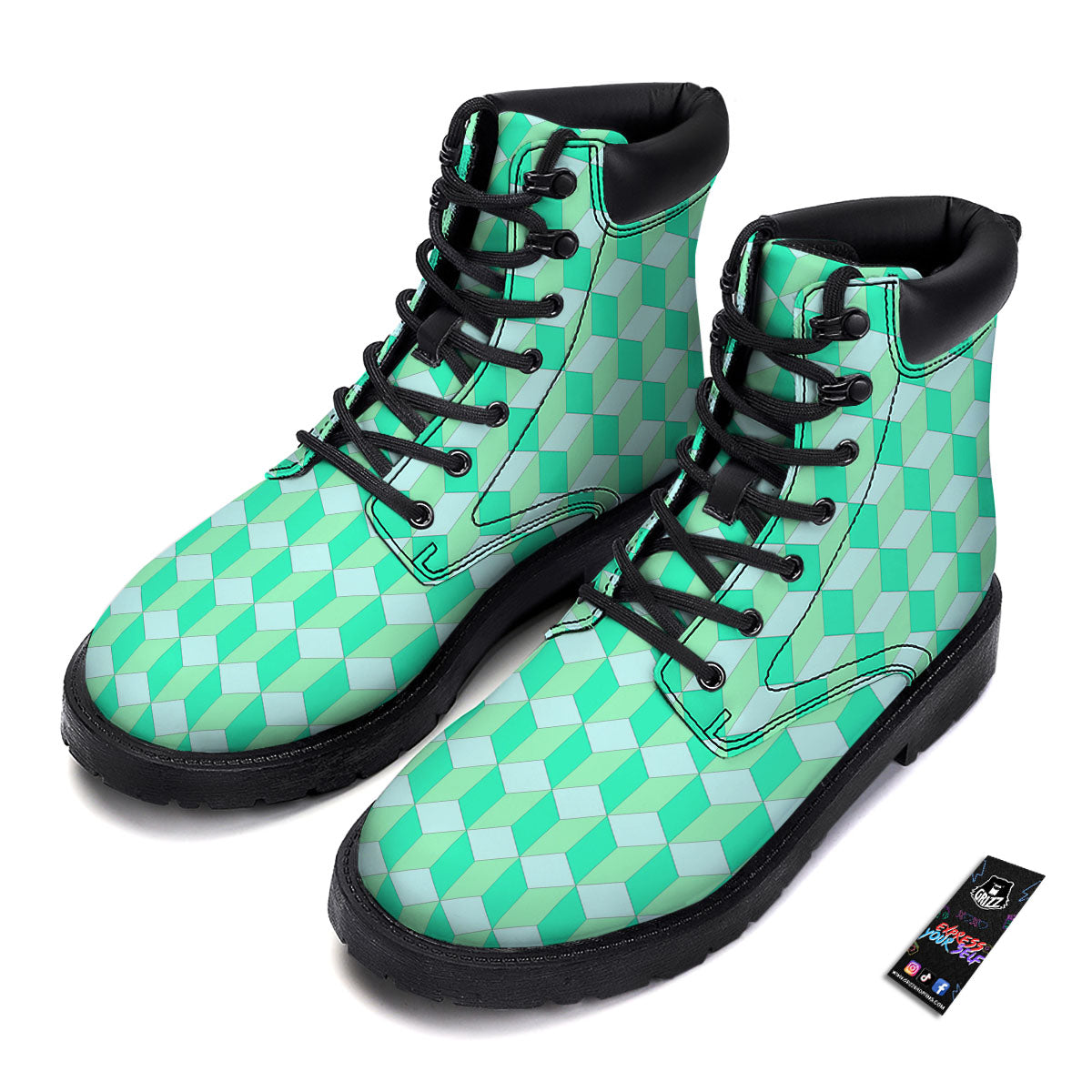 Cube Shape Green Geometric Print Pattern Boots-grizzshop
