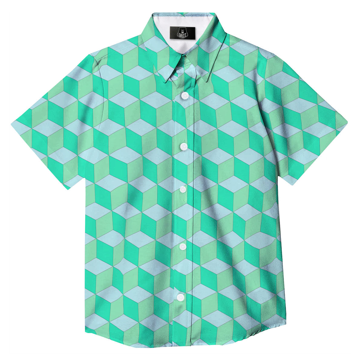 Cube Shape Green Geometric Print Pattern Button Up Shirt-grizzshop