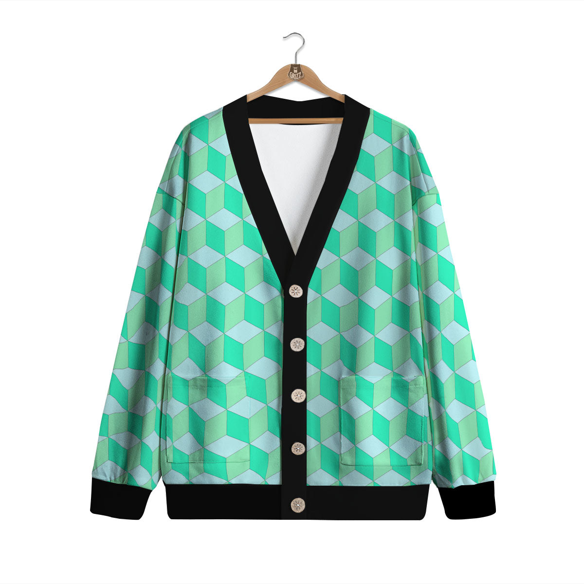 Cube Shape Green Geometric Print Pattern Cardigan-grizzshop