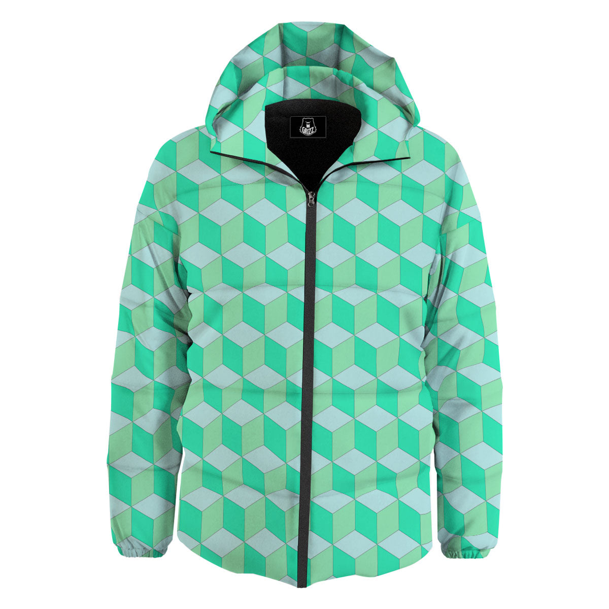 Cube Shape Green Geometric Print Pattern Down Jacket-grizzshop