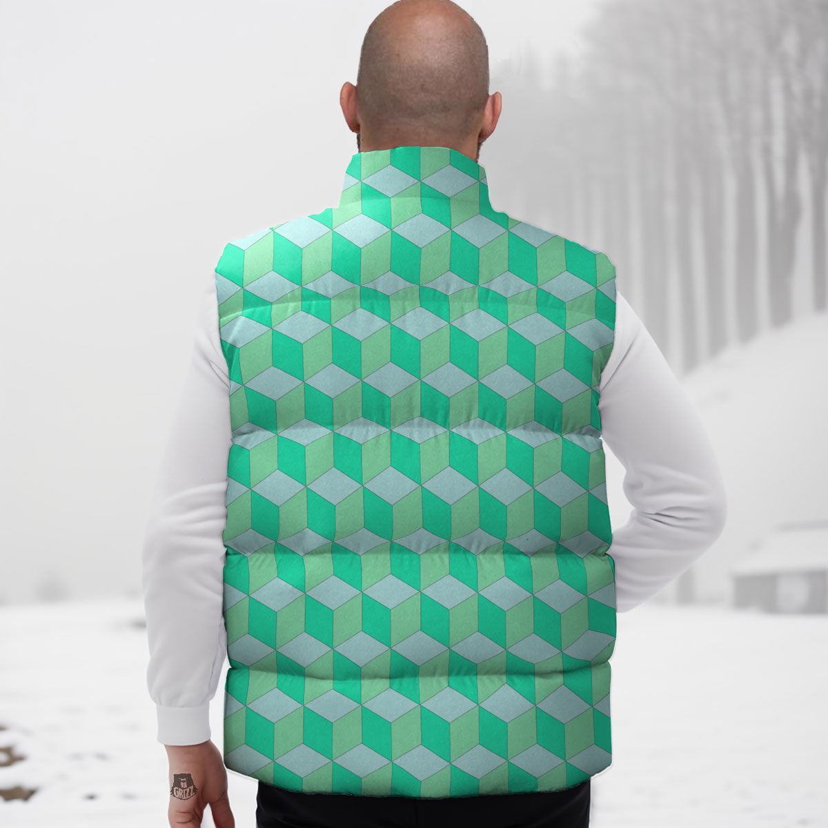 Cube Shape Green Geometric Print Pattern Down Vest-grizzshop