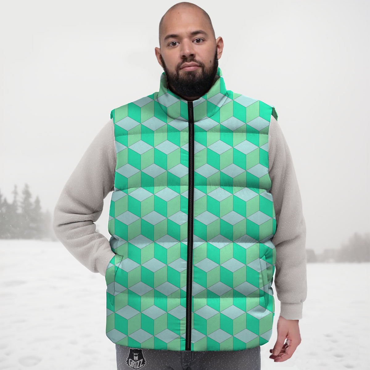 Cube Shape Green Geometric Print Pattern Down Vest-grizzshop