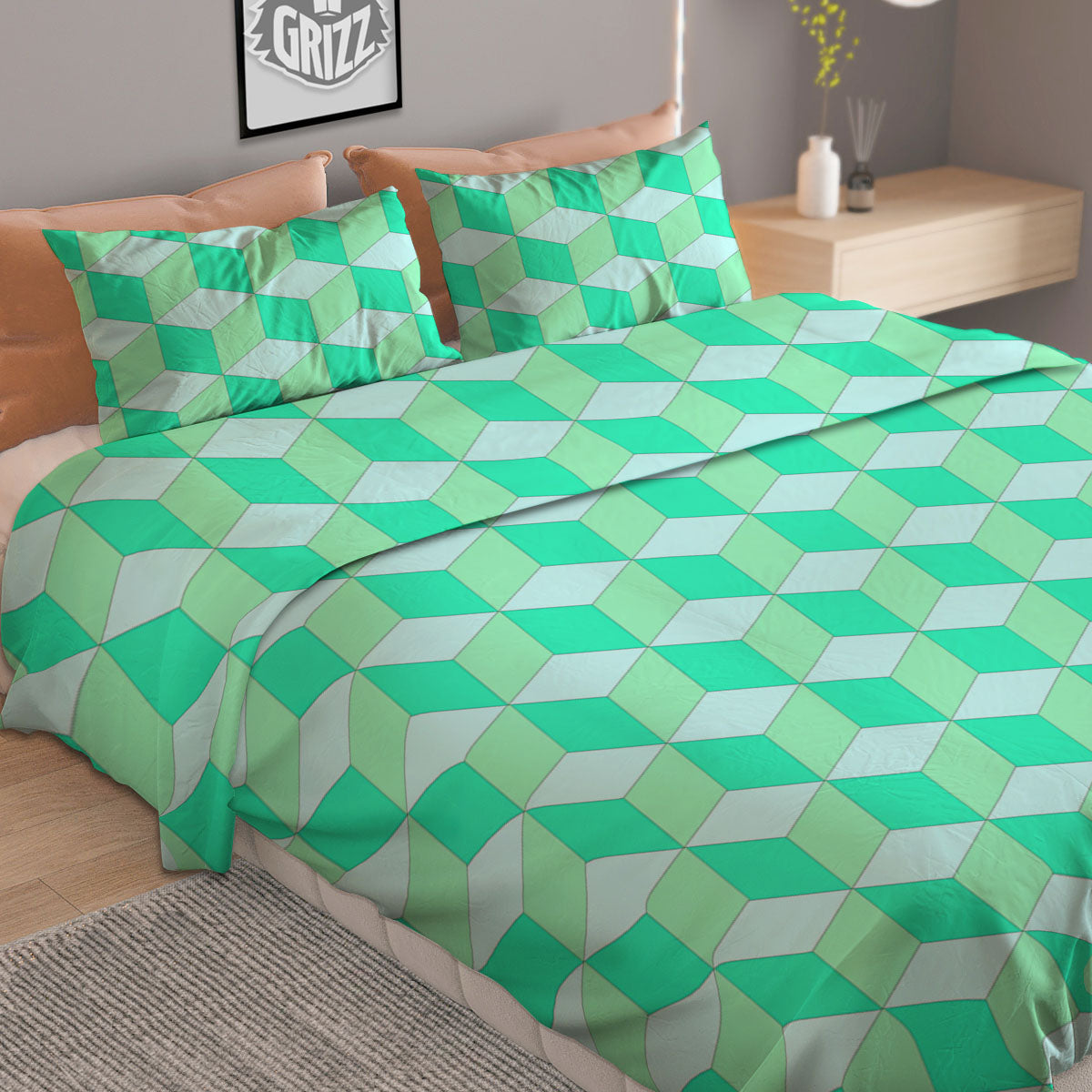 Cube Shape Green Geometric Print Pattern Duvet Cover Bedding Set-grizzshop