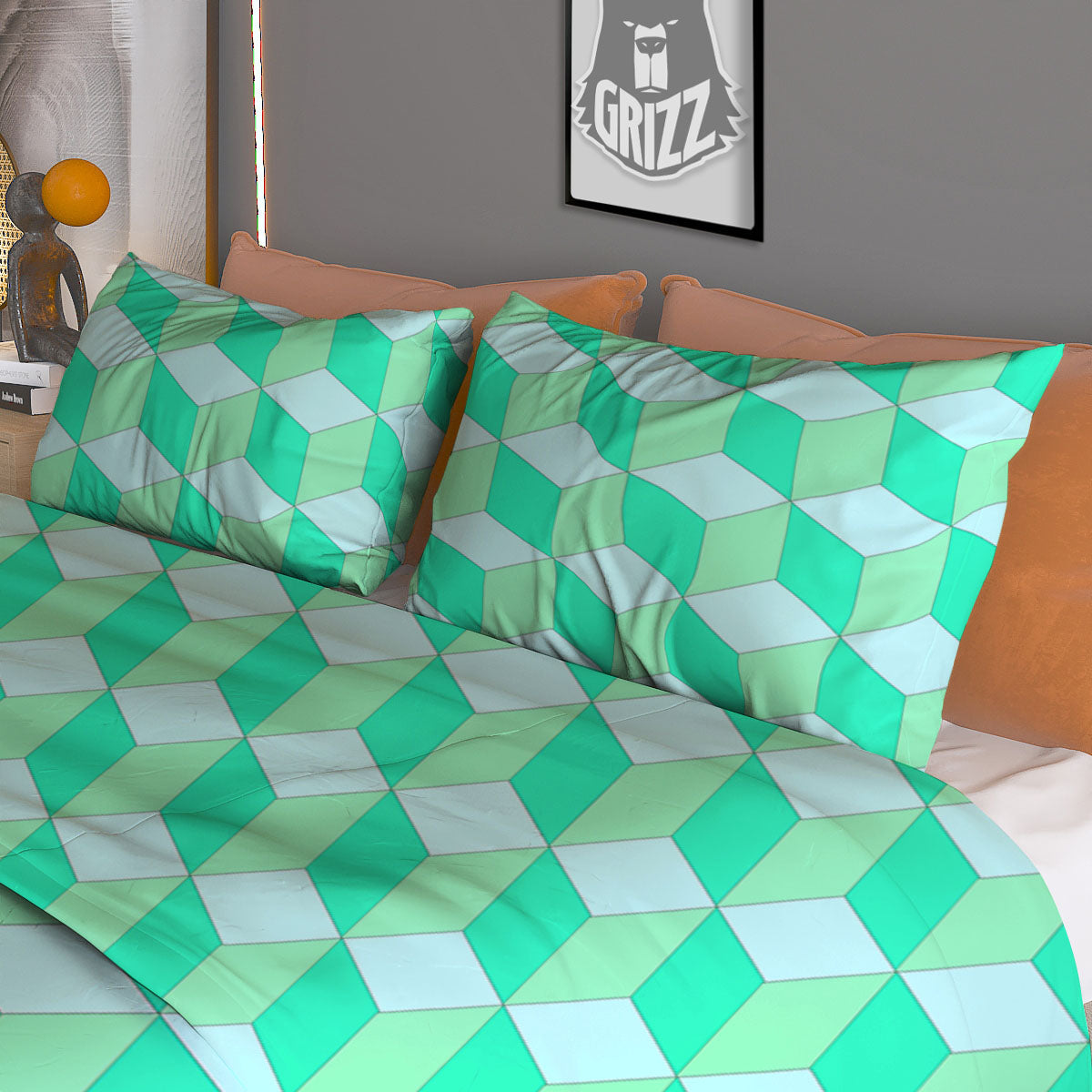 Cube Shape Green Geometric Print Pattern Duvet Cover Bedding Set-grizzshop