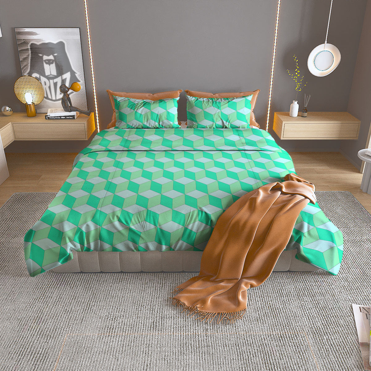 Cube Shape Green Geometric Print Pattern Duvet Cover Bedding Set-grizzshop