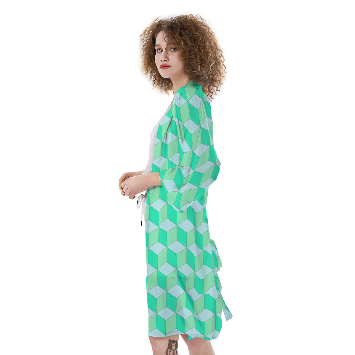 Cube Shape Green Geometric Print Pattern Kimono-grizzshop