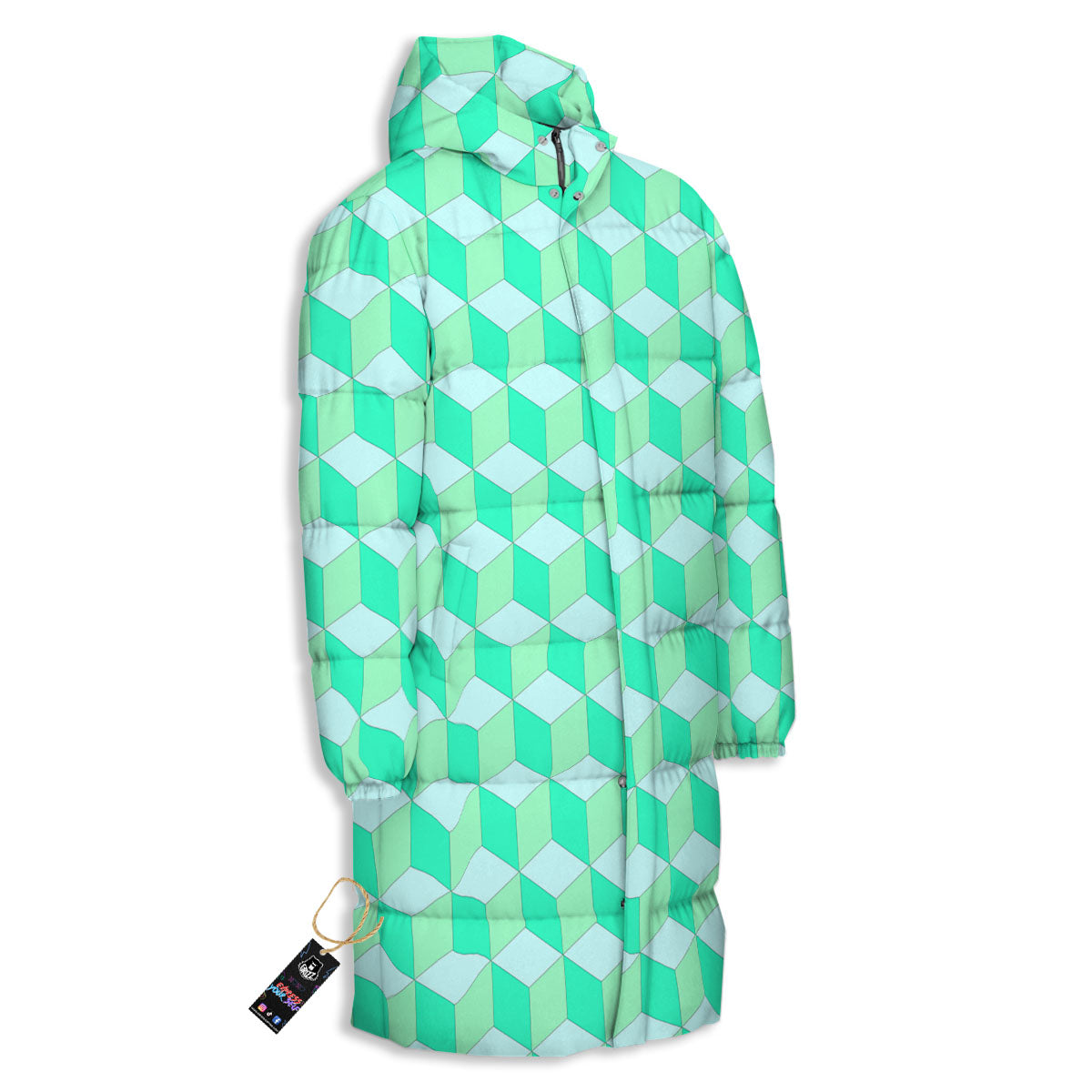 Cube Shape Green Geometric Print Pattern Long Down Jacket-grizzshop