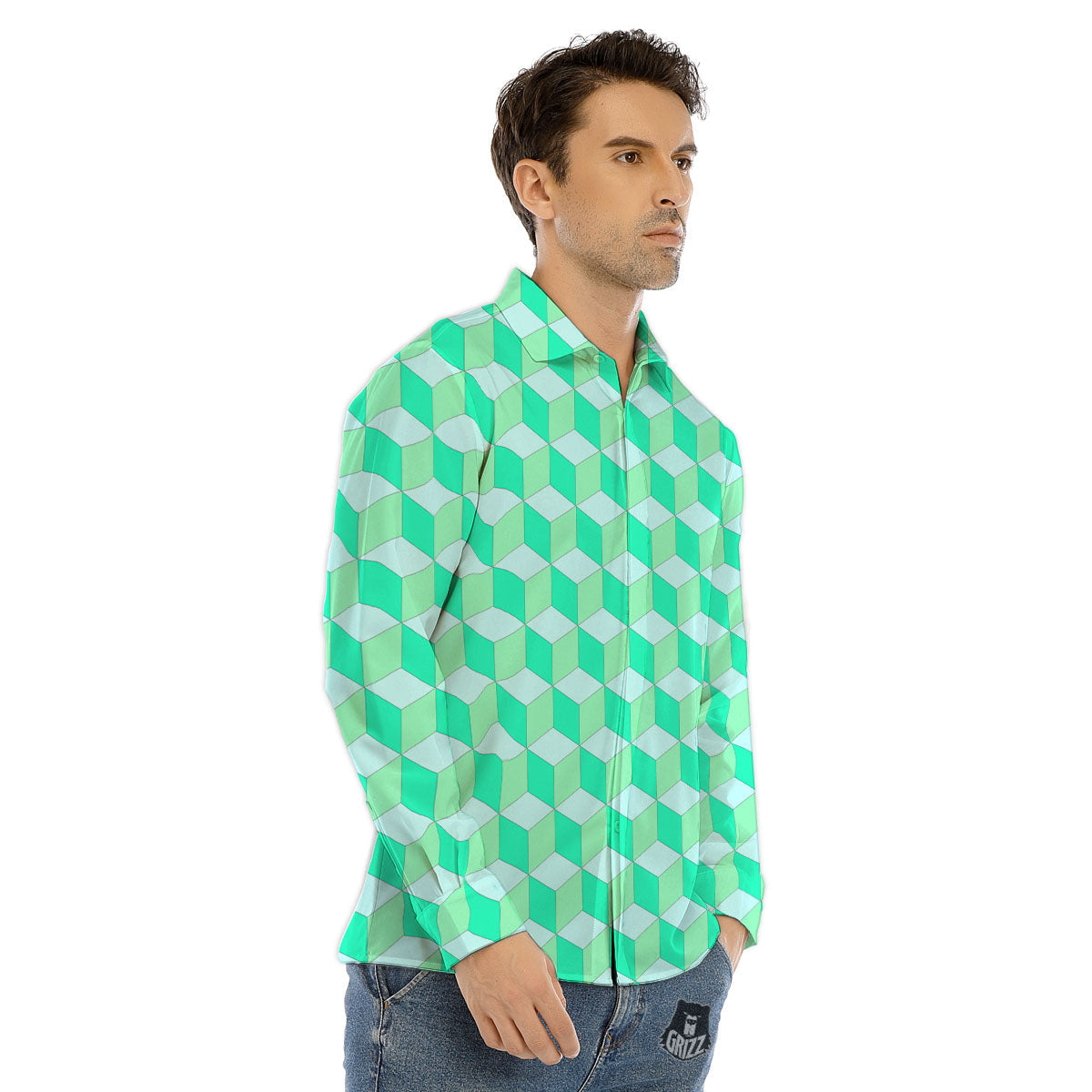 Cube Shape Green Geometric Print Pattern Men's Dress Shirts-grizzshop