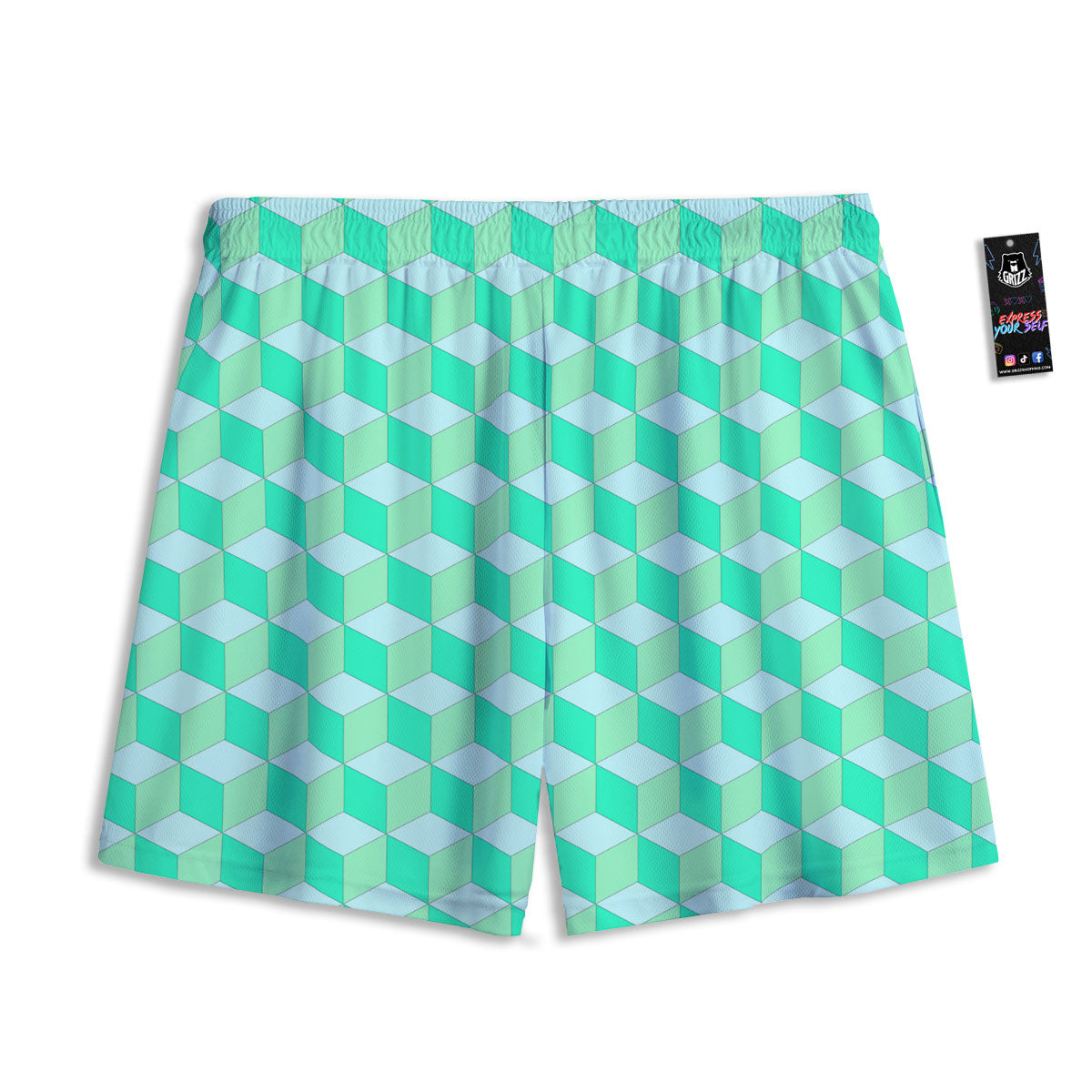 Cube Shape Green Geometric Print Pattern Mesh Shorts-grizzshop