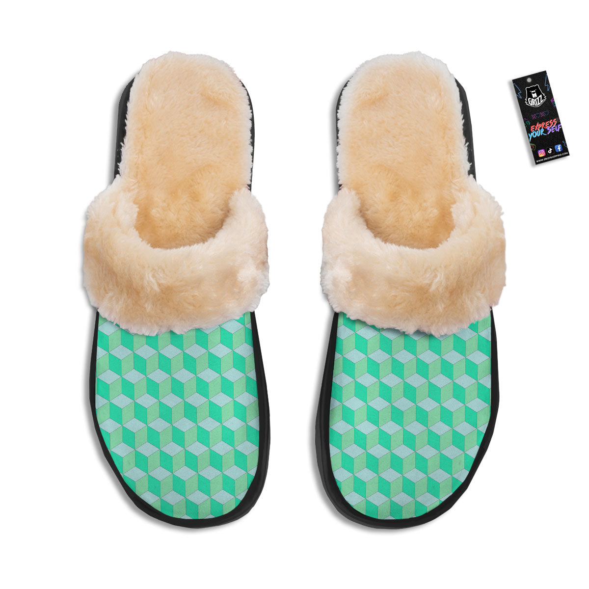 Cube Shape Green Geometric Print Pattern Slippers-grizzshop