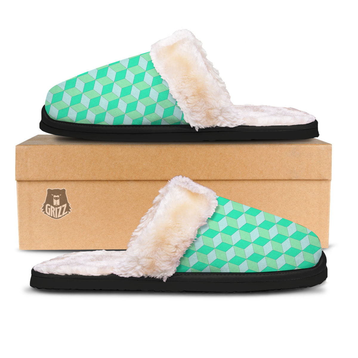 Cube Shape Green Geometric Print Pattern Slippers-grizzshop