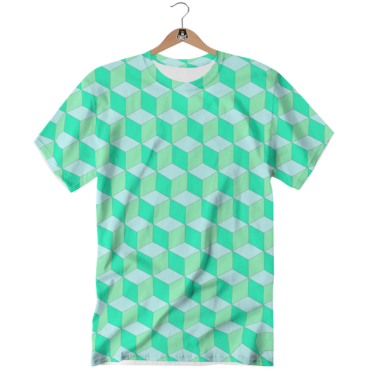 Cube Shape Green Geometric Print Pattern T-Shirt-grizzshop