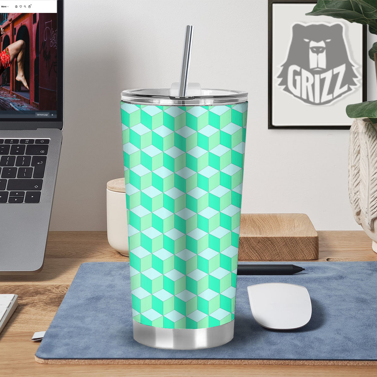 Cube Shape Green Geometric Print Pattern Tumbler-grizzshop