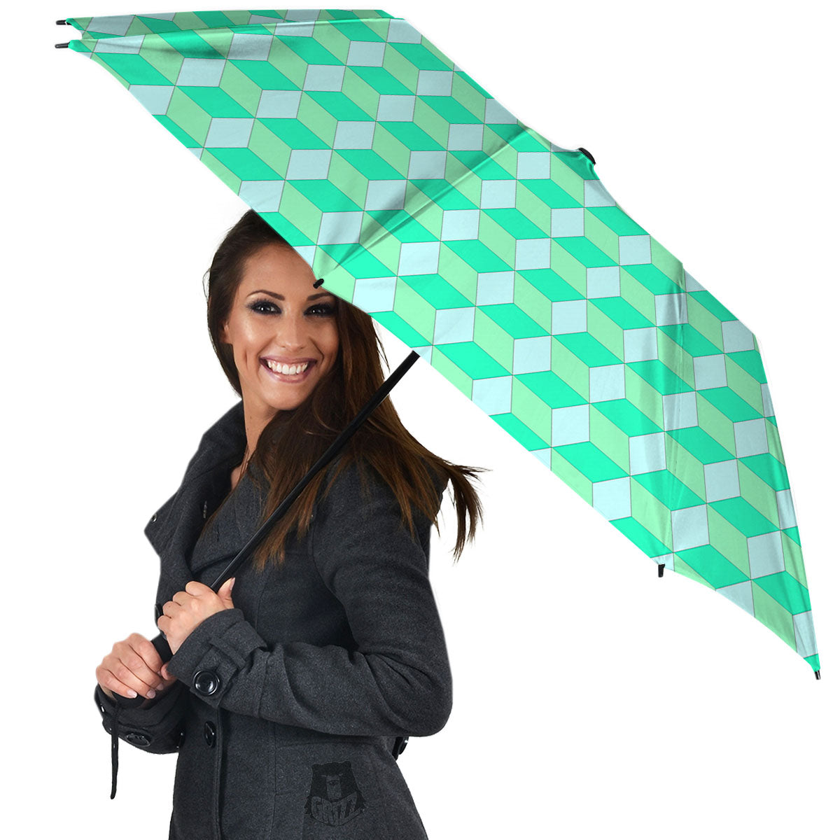 Cube Shape Green Geometric Print Pattern Umbrella-grizzshop