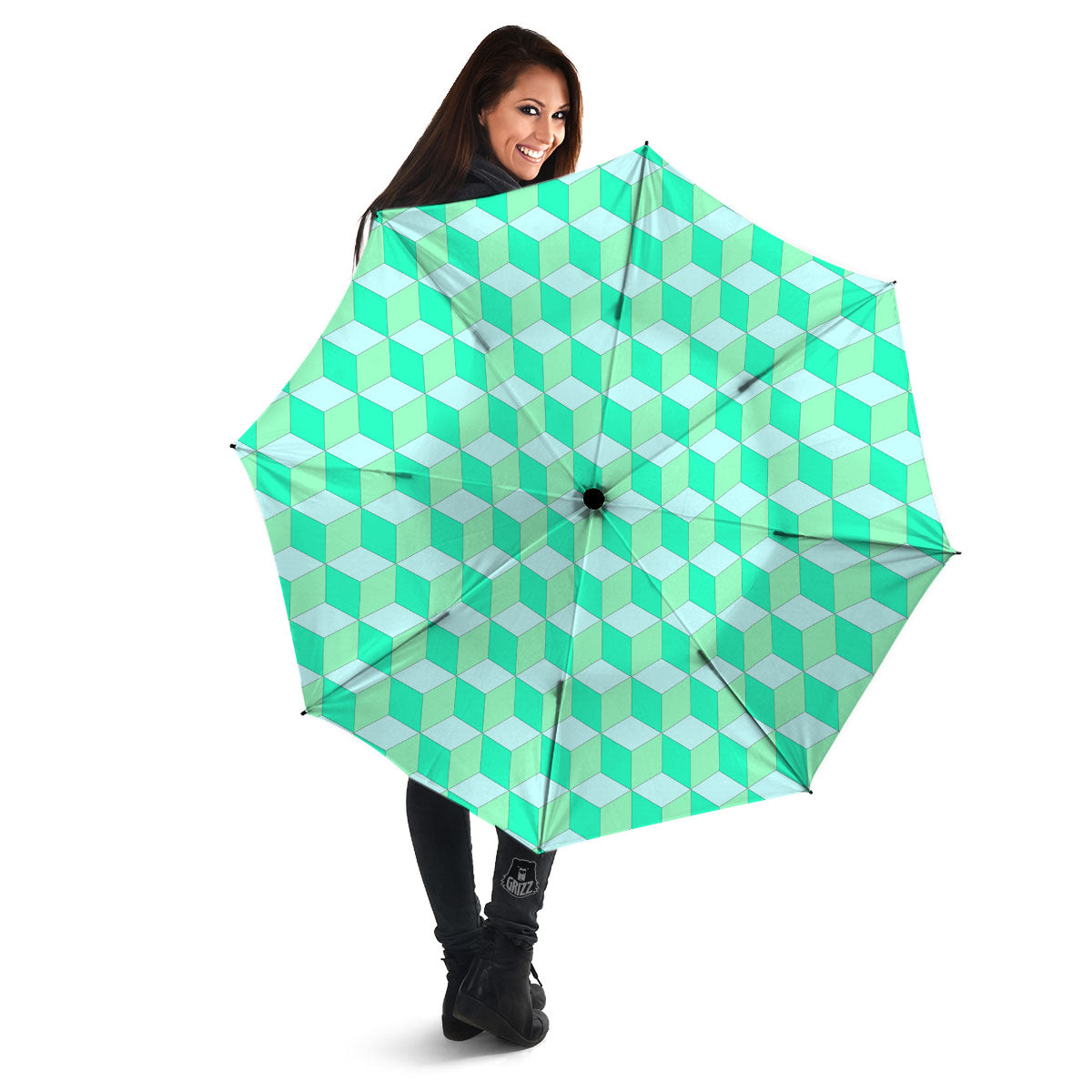 Cube Shape Green Geometric Print Pattern Umbrella-grizzshop