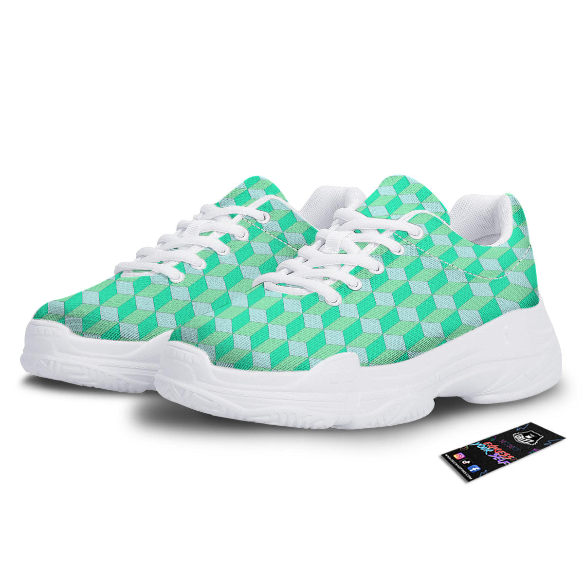 Cube Shape Green Geometric Print Pattern White Chunky Shoes-grizzshop