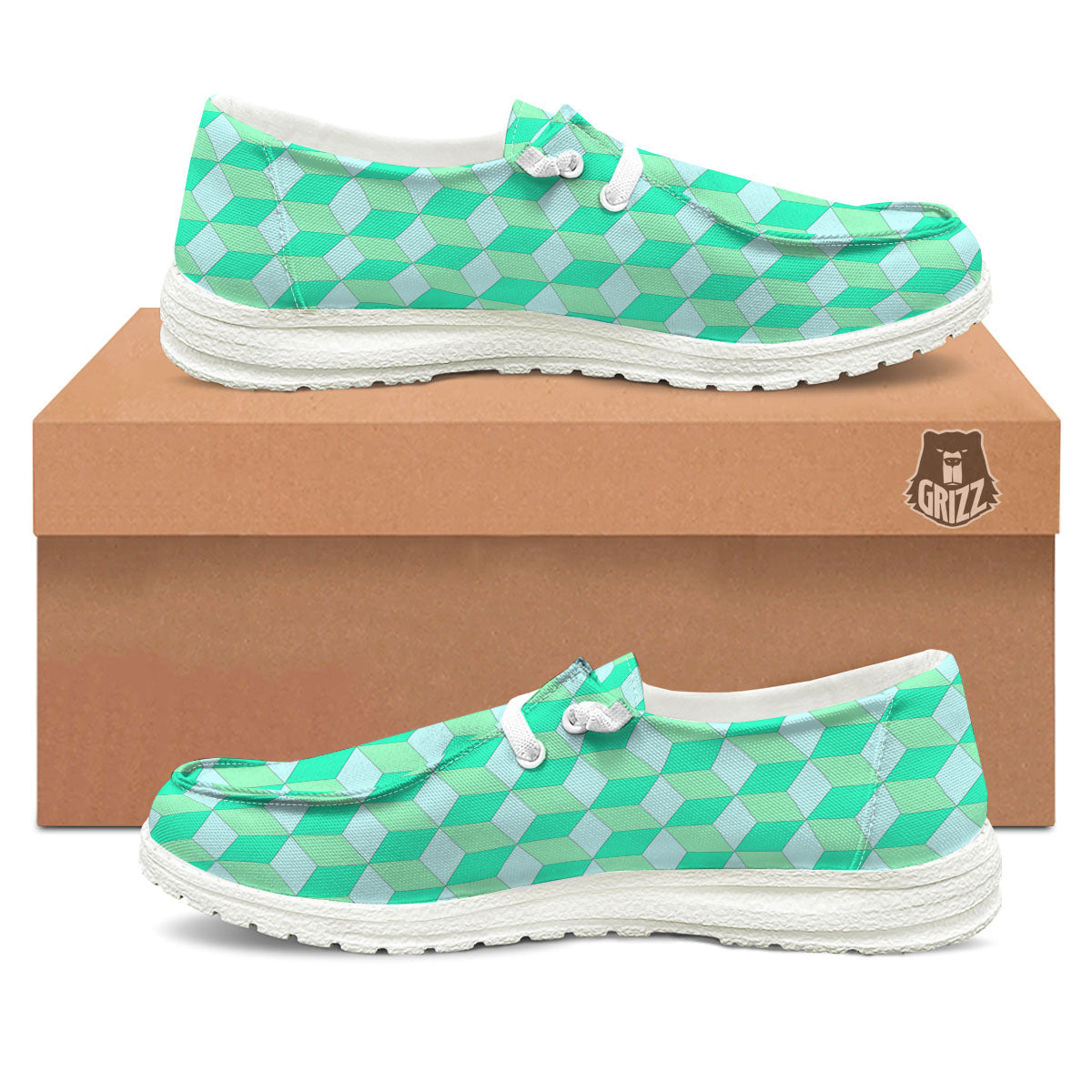 Cube Shape Green Geometric Print Pattern White Loafers-grizzshop