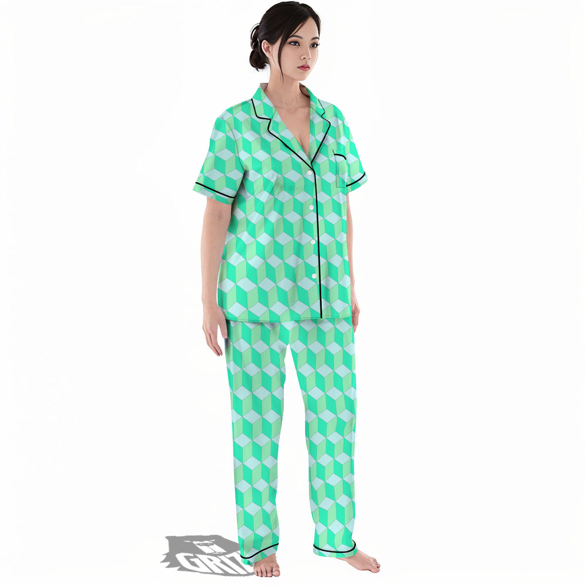 Cube Shape Green Geometric Print Pattern Women's Pajamas Set-grizzshop