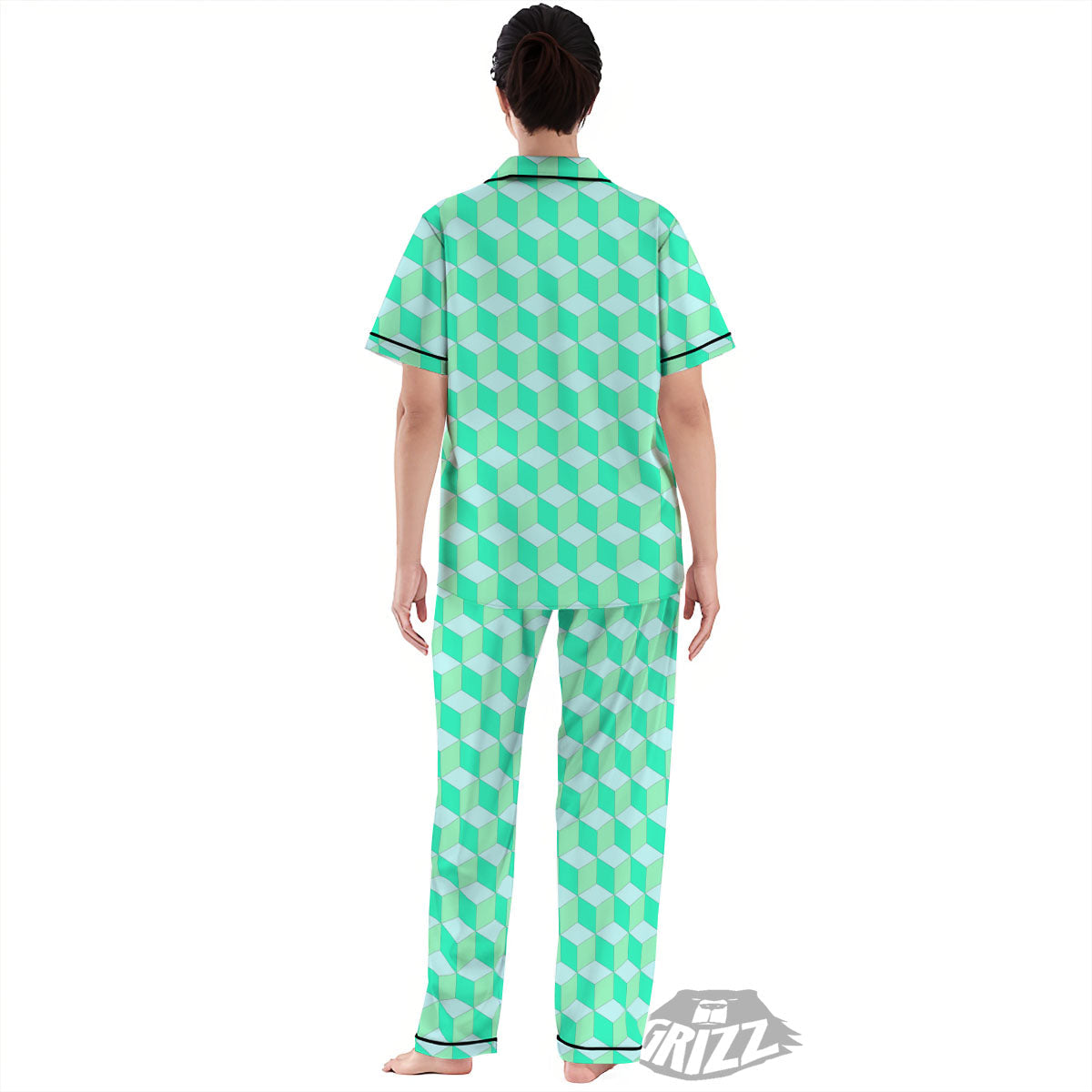 Cube Shape Green Geometric Print Pattern Women's Pajamas Set-grizzshop