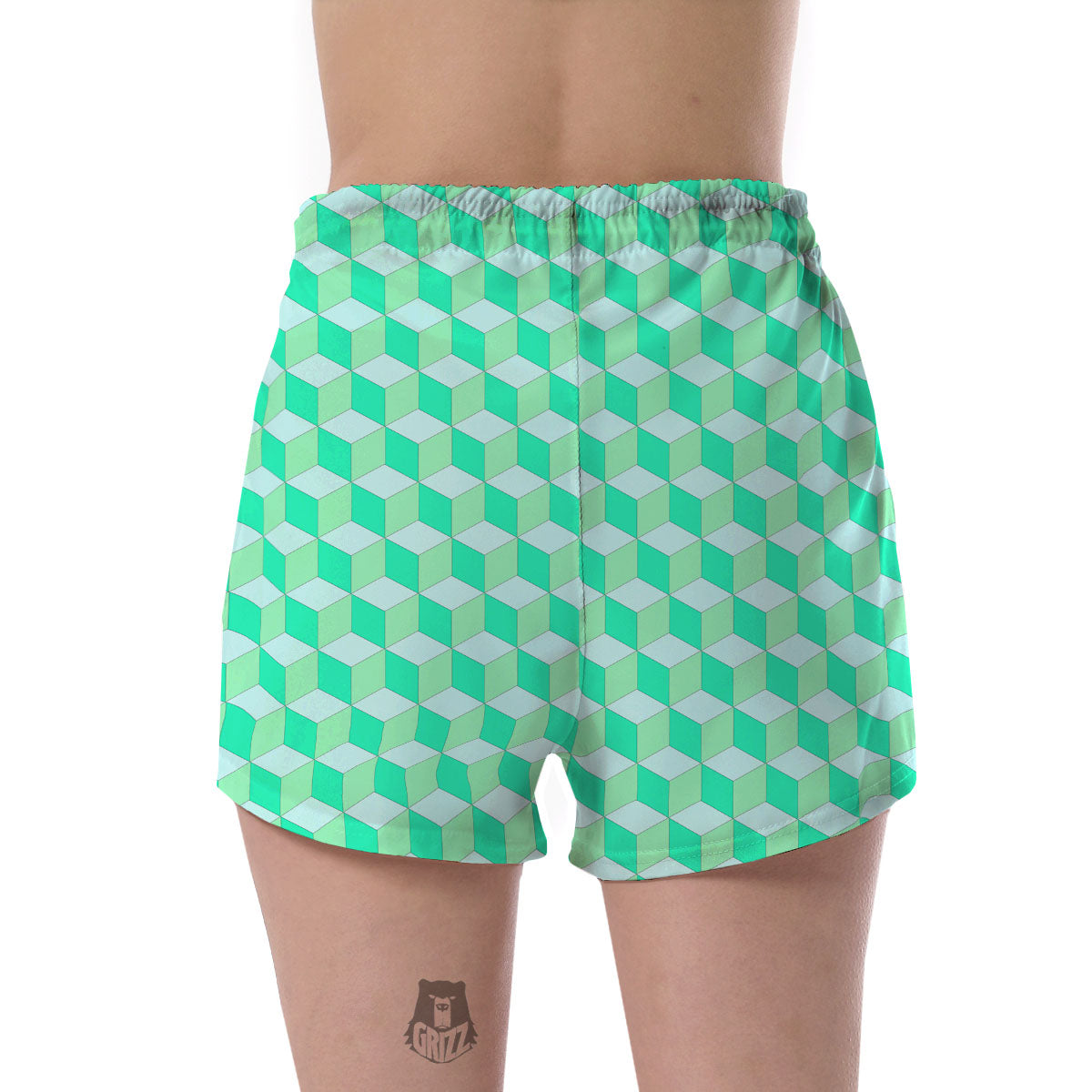 Cube Shape Green Geometric Print Pattern Women's Shorts-grizzshop
