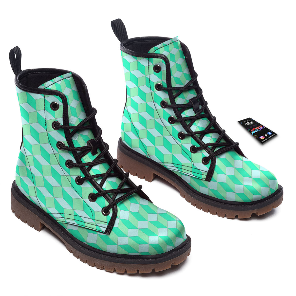Cube Shape Green Geometric Print Pattern Work Boots-grizzshop