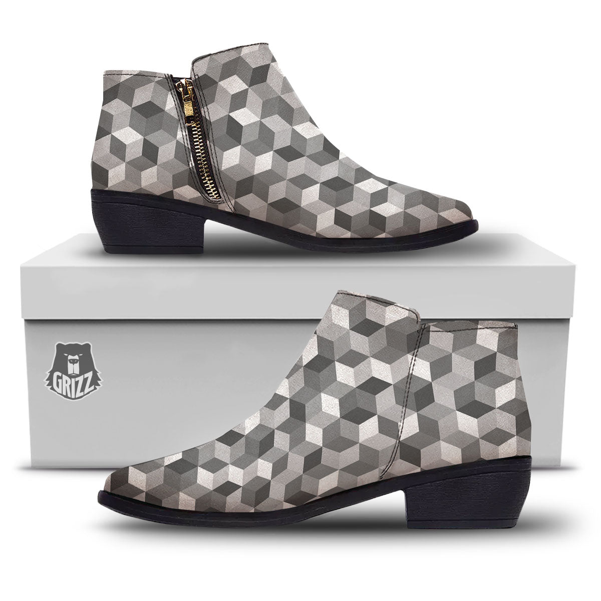 Cube Shape Grey Geometric Print Pattern Ankle Boots-grizzshop