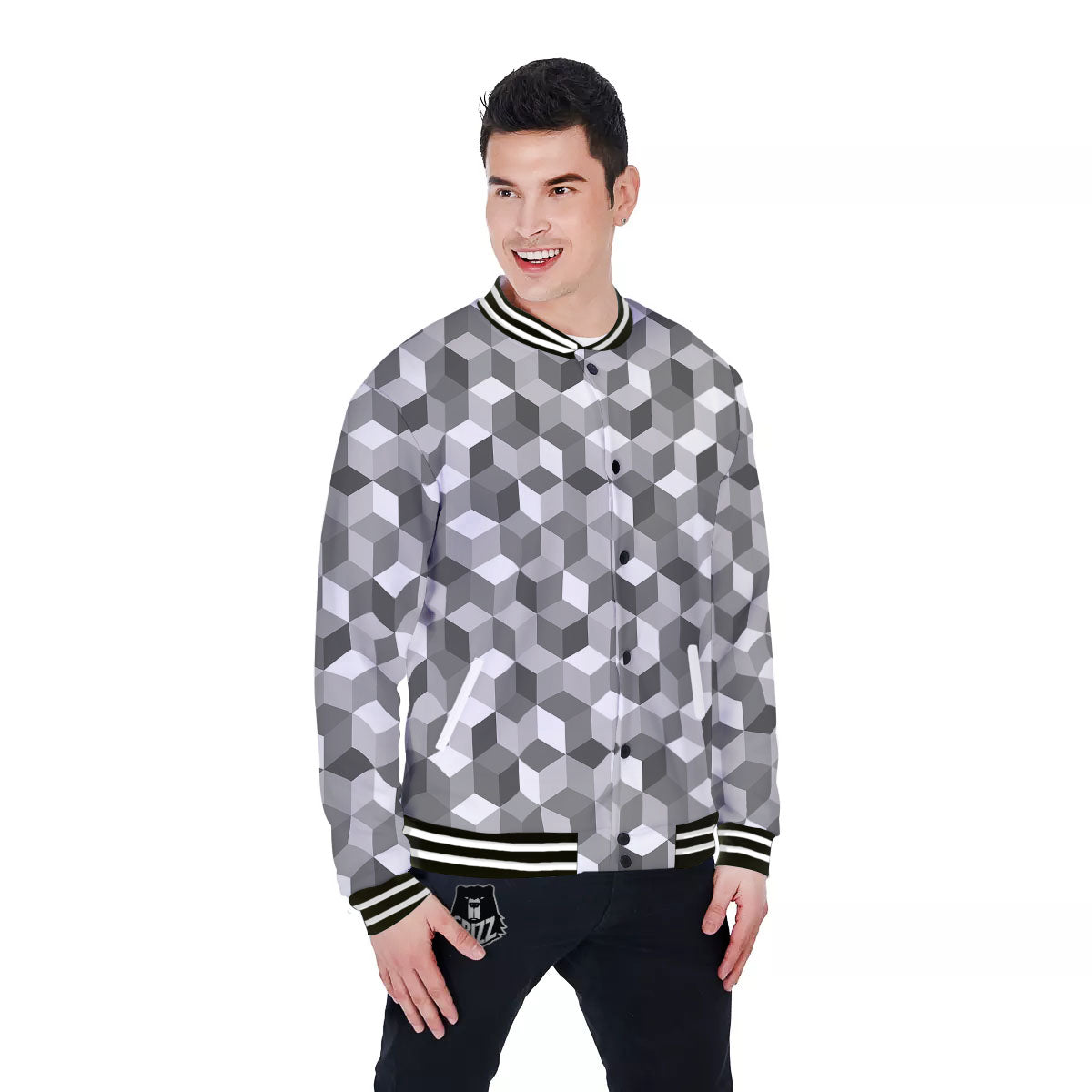 Cube Shape Grey Geometric Print Pattern Baseball Jacket-grizzshop