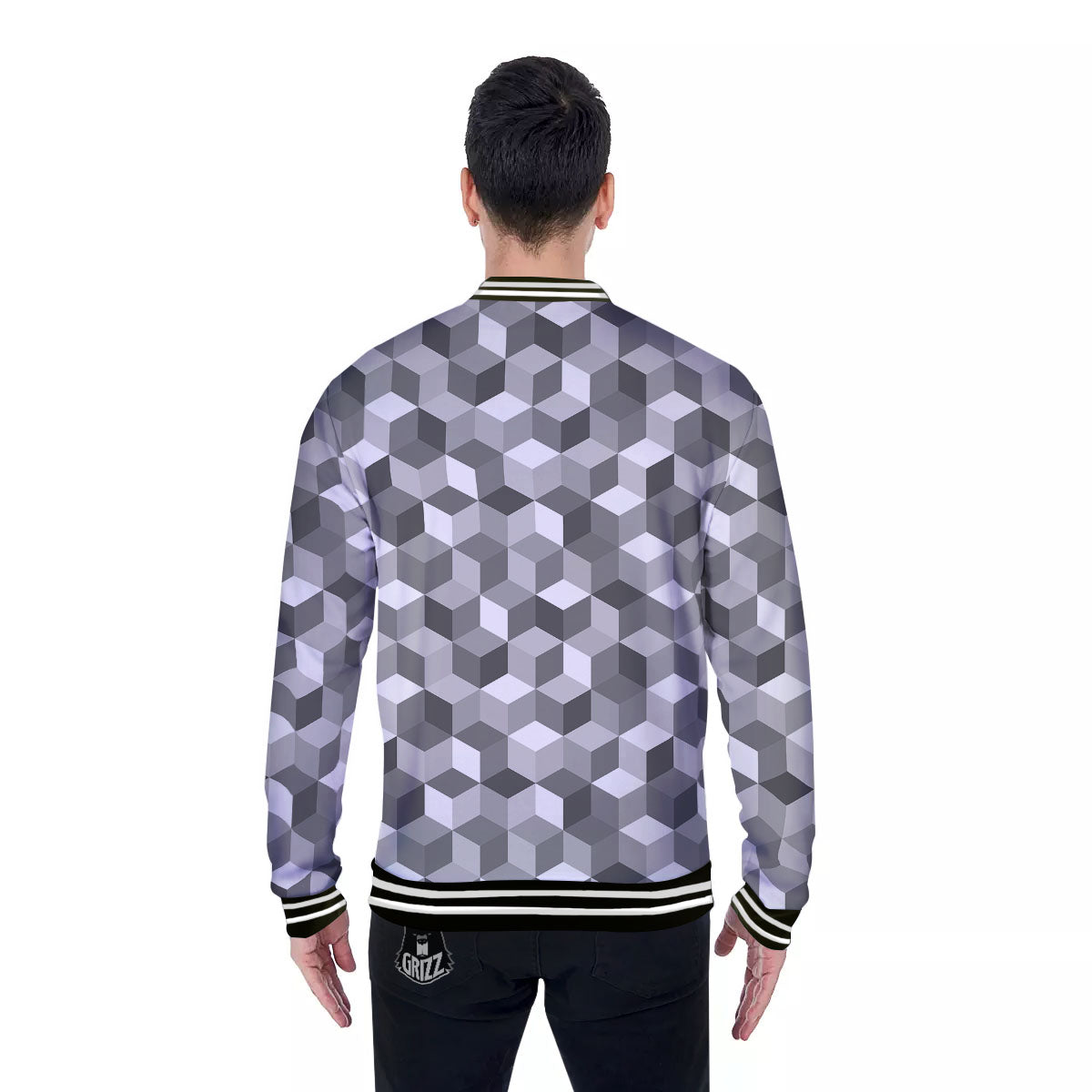 Cube Shape Grey Geometric Print Pattern Baseball Jacket-grizzshop