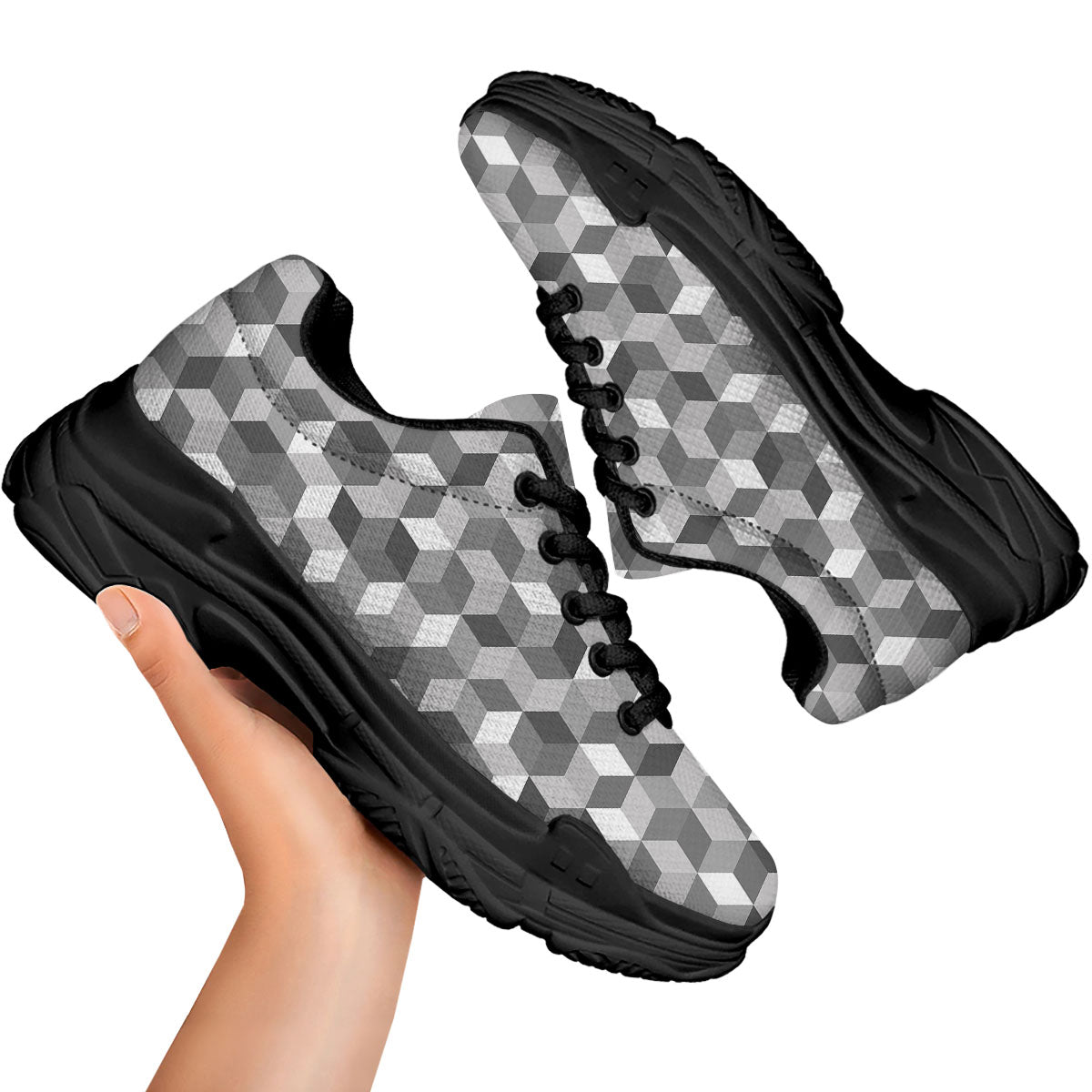 Cube Shape Grey Geometric Print Pattern Black Chunky Shoes-grizzshop