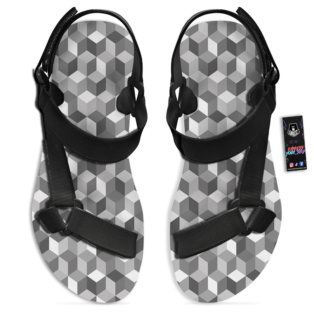 Cube Shape Grey Geometric Print Pattern Black Open Toe Sandals-grizzshop