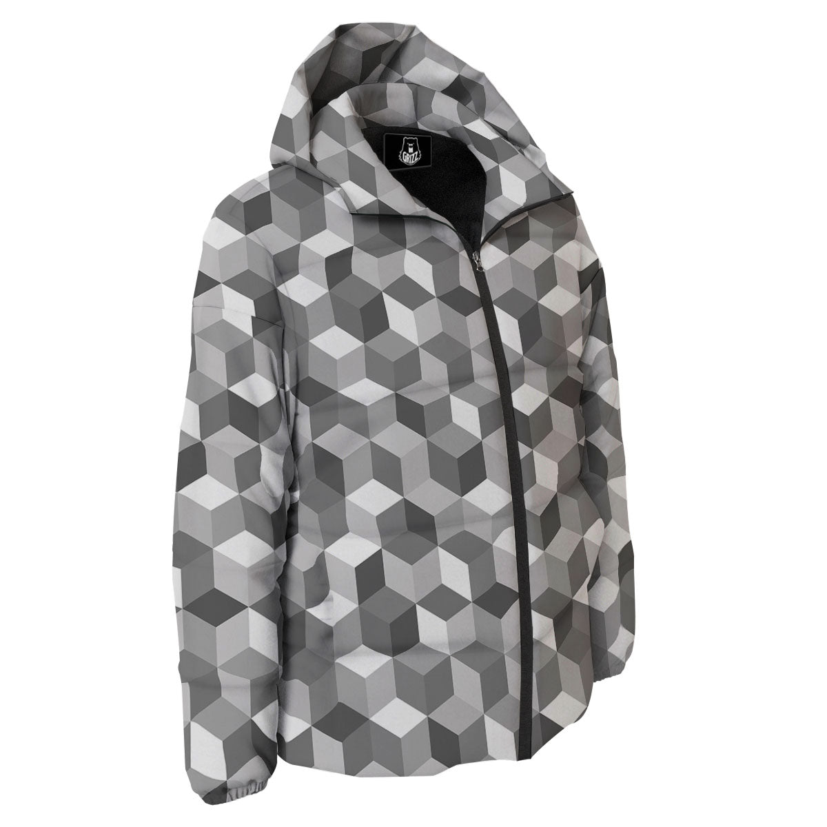 Cube Shape Grey Geometric Print Pattern Down Jacket-grizzshop