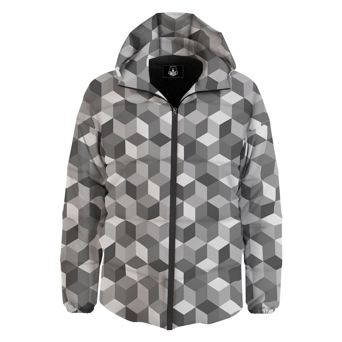 Cube Shape Grey Geometric Print Pattern Down Jacket-grizzshop