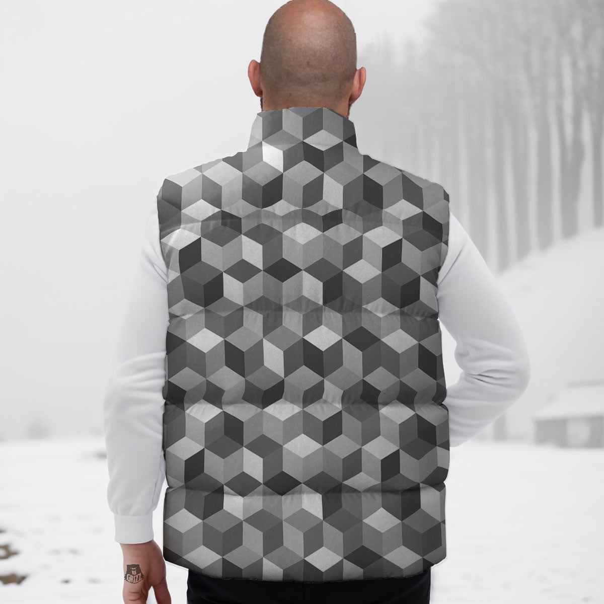 Cube Shape Grey Geometric Print Pattern Down Vest-grizzshop