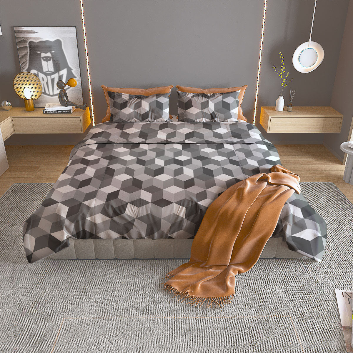 Cube Shape Grey Geometric Print Pattern Duvet Cover Bedding Set-grizzshop