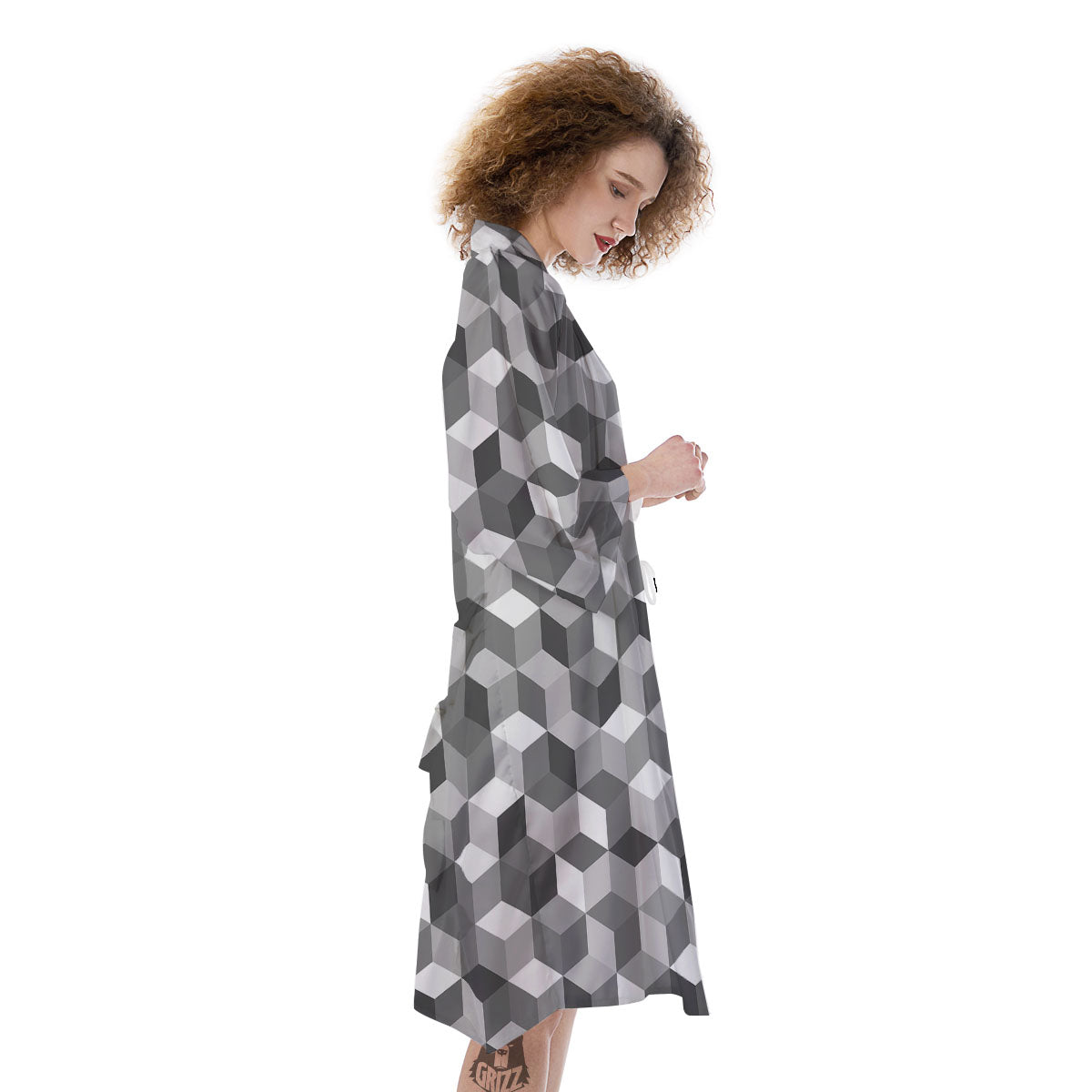 Cube Shape Grey Geometric Print Pattern Kimono-grizzshop