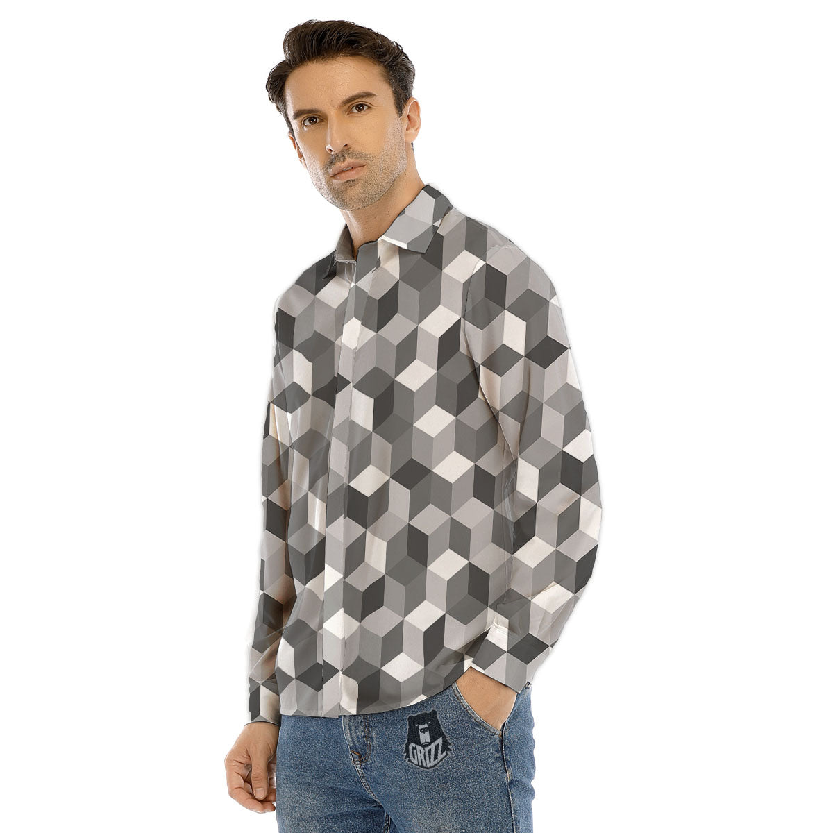 Cube Shape Grey Geometric Print Pattern Men's Dress Shirts-grizzshop