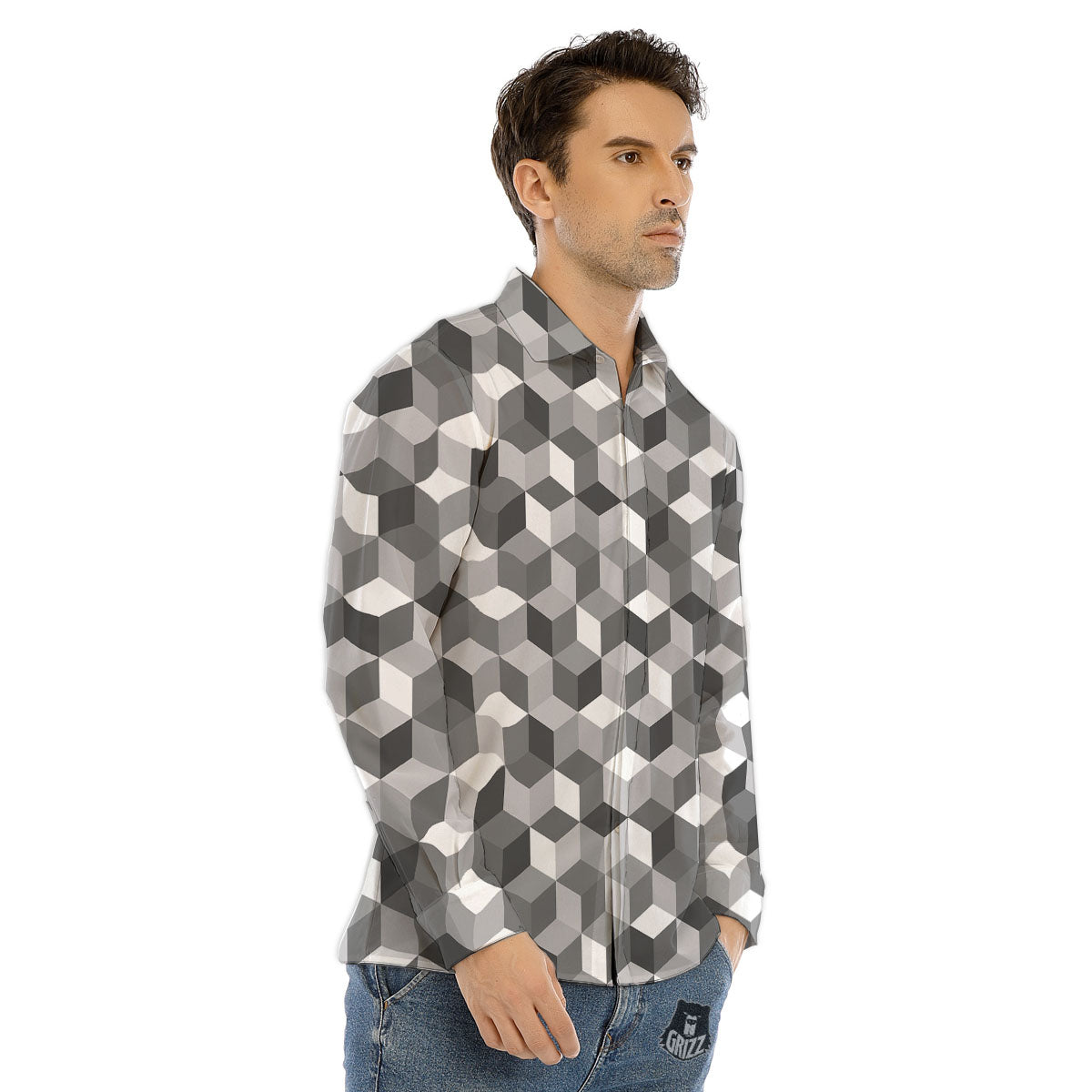 Cube Shape Grey Geometric Print Pattern Men's Dress Shirts-grizzshop