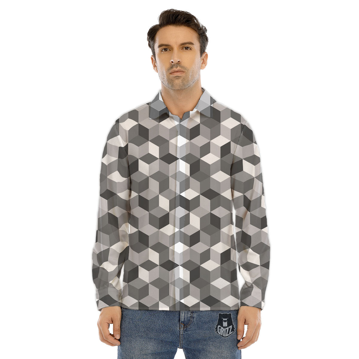 Cube Shape Grey Geometric Print Pattern Men's Dress Shirts-grizzshop