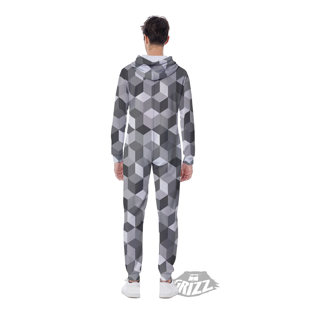 Cube Shape Grey Geometric Print Pattern Men's Jumpsuit-grizzshop