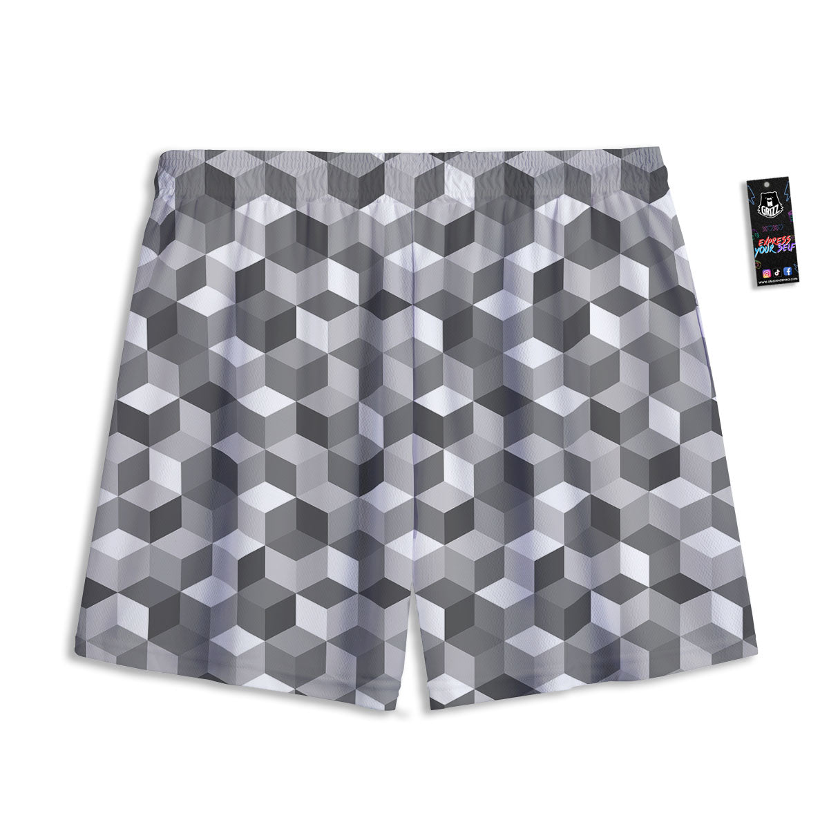 Cube Shape Grey Geometric Print Pattern Mesh Shorts-grizzshop