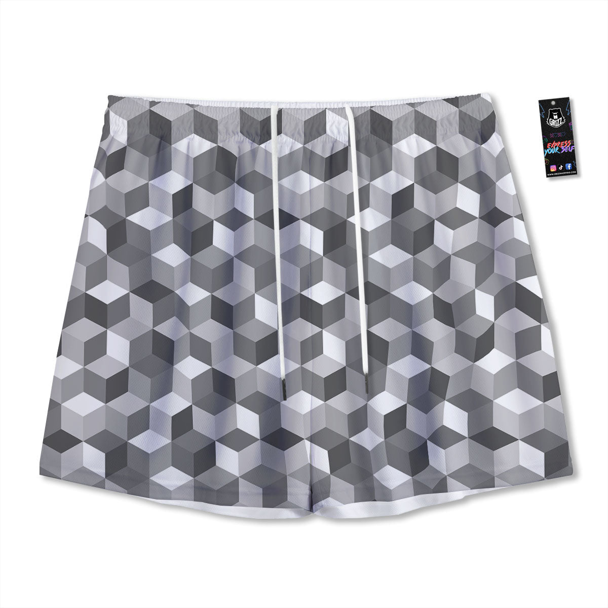 Cube Shape Grey Geometric Print Pattern Mesh Shorts-grizzshop