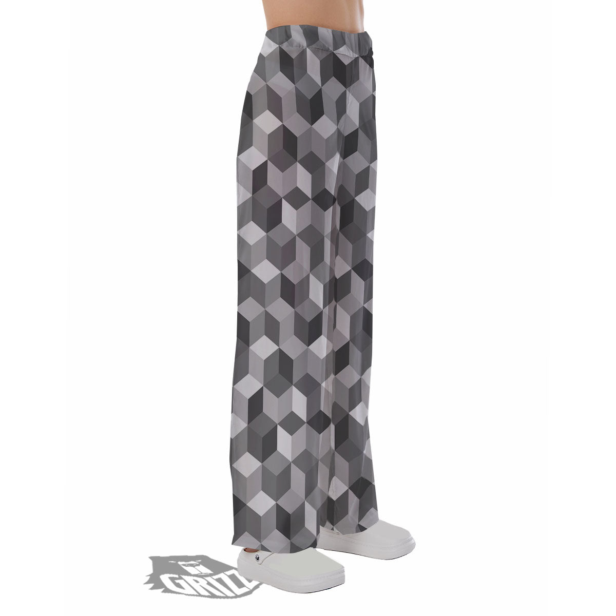 Cube Shape Grey Geometric Print Pattern Pajama Pants-grizzshop