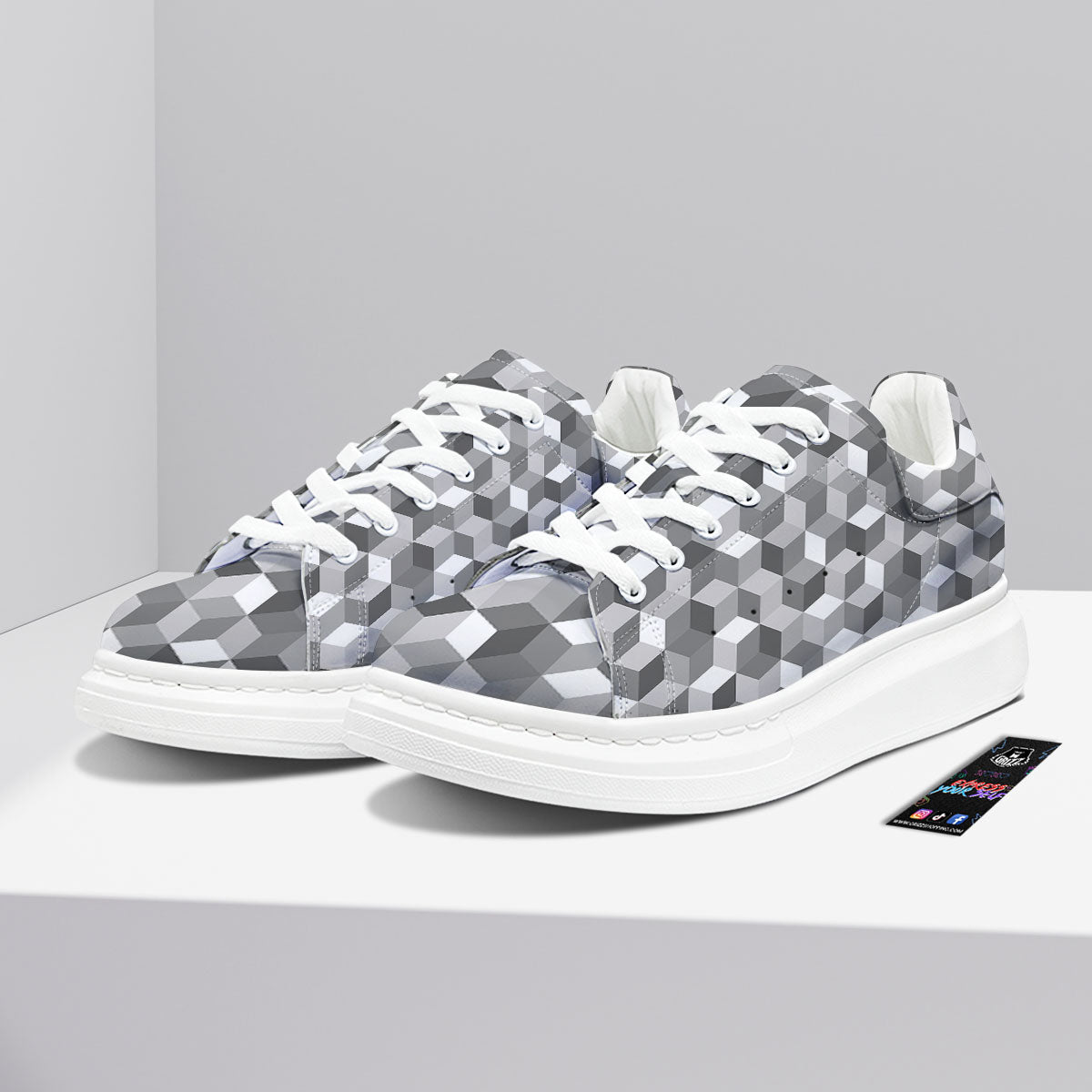 Cube Shape Grey Geometric Print Pattern Platform Shoes-grizzshop