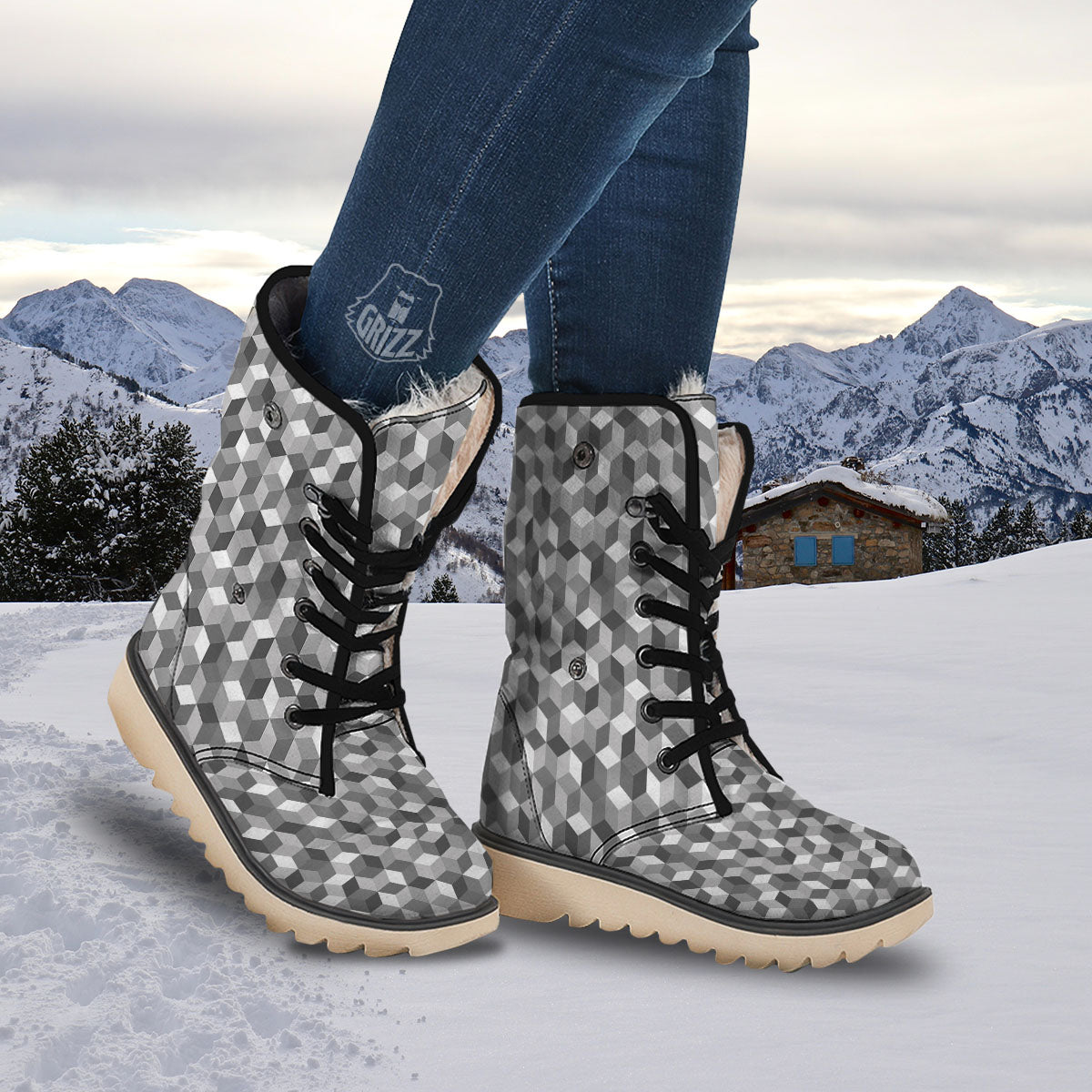 Cube Shape Grey Geometric Print Pattern Snow Boots-grizzshop