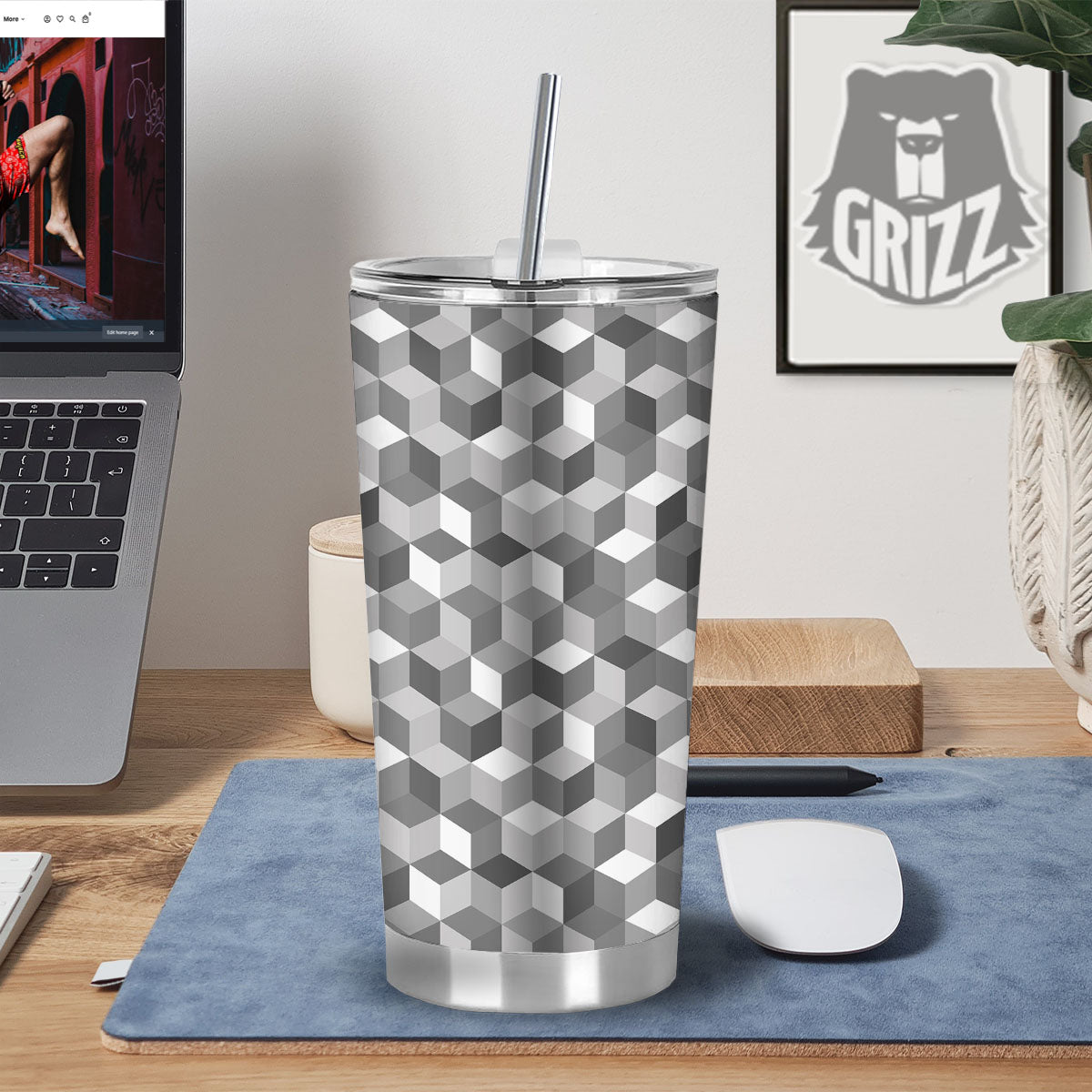Cube Shape Grey Geometric Print Pattern Tumbler-grizzshop
