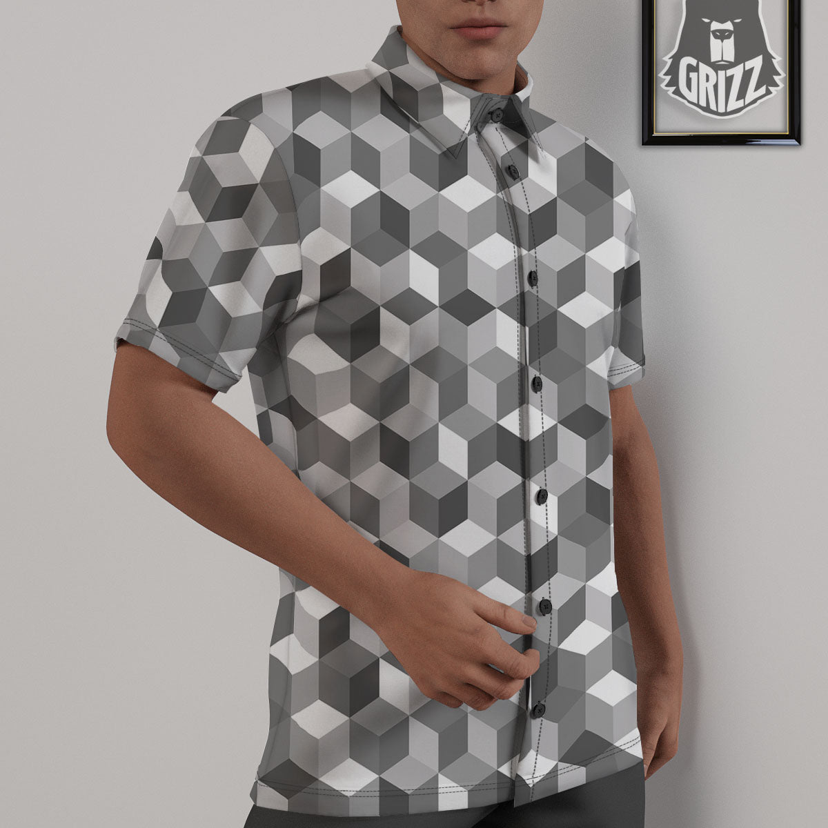 Cube Shape Grey Geometric Print Pattern Untucked Shirts-grizzshop