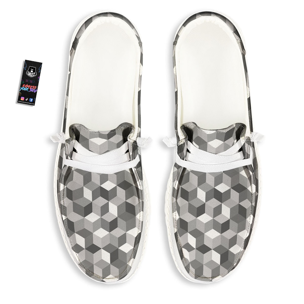Cube Shape Grey Geometric Print Pattern White Loafers-grizzshop