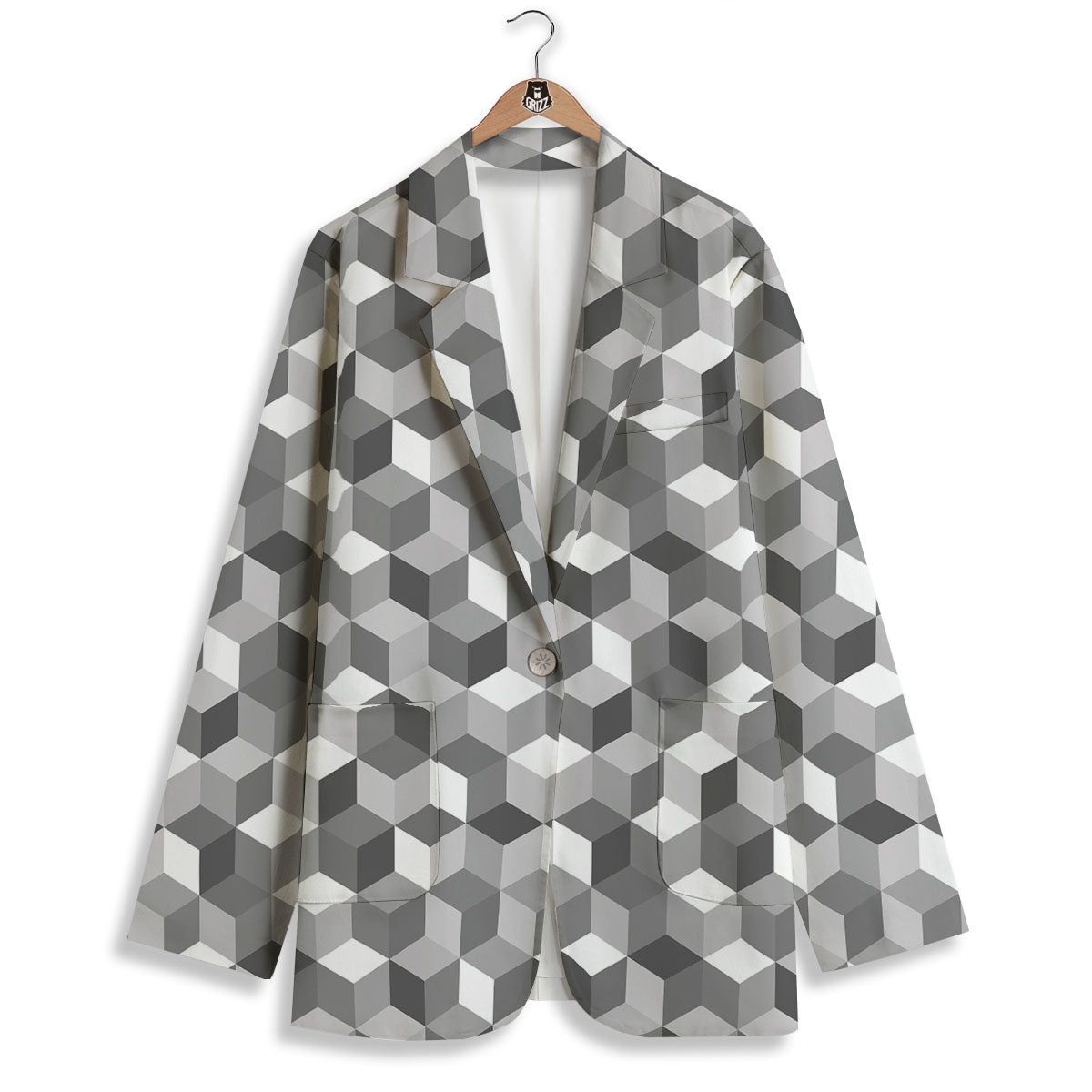 Cube Shape Grey Geometric Print Pattern Women's Blazer-grizzshop